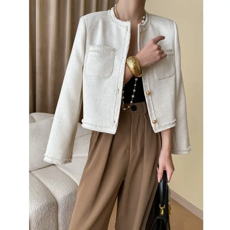 アウター ジャケット フリンジデザイン 長袖 ライトベージュ