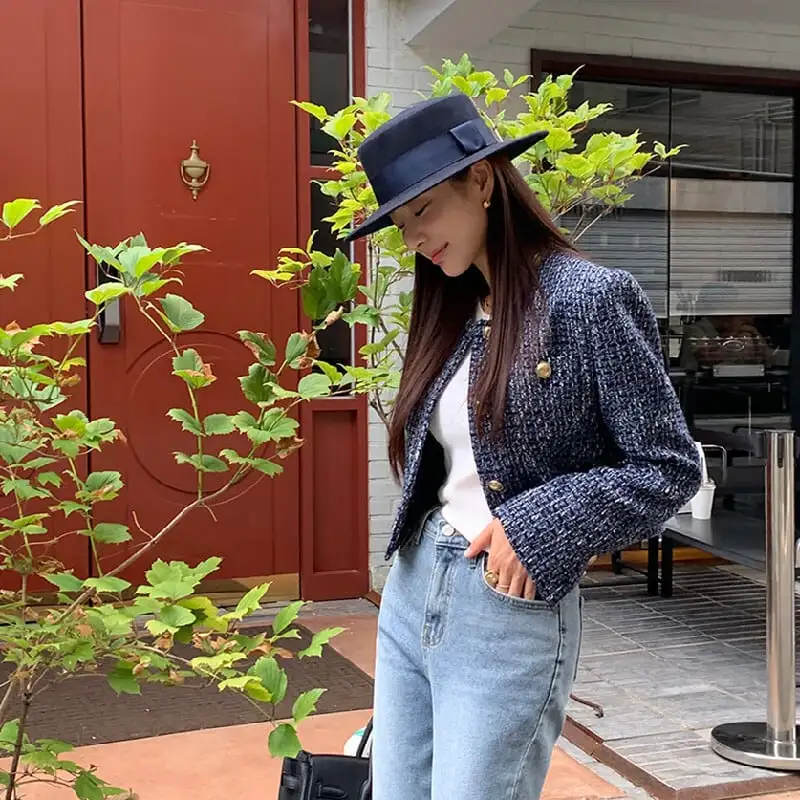 アウター ジャケット ツイード ファッション 長袖 ダークブルー