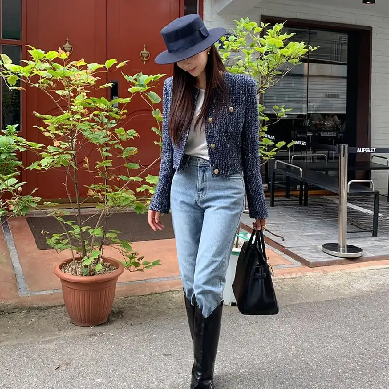 アウター ジャケット ツイード ファッション 長袖 ダークブルー