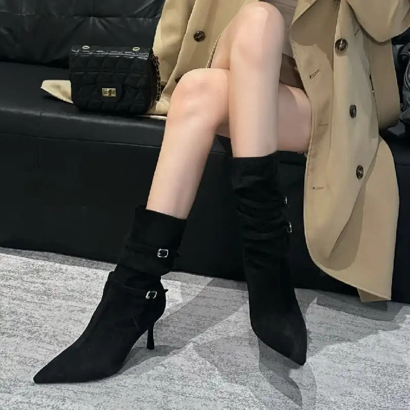 ストレッチ シュークリームブーツ ショートブーツ ブラック ライトブラウン 8CM