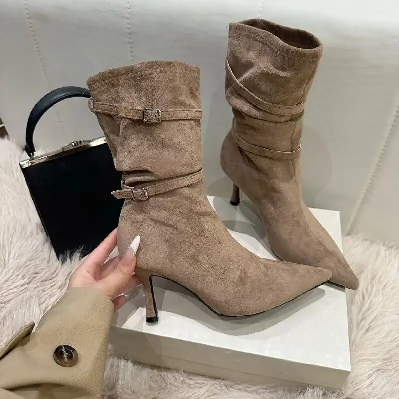 ストレッチ シュークリームブーツ ショートブーツ ブラック ライトブラウン 8CM