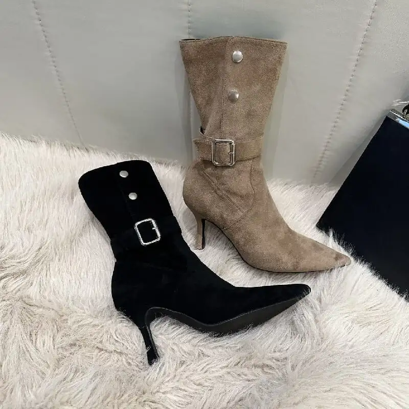 レトロ スエード スタイリッシュ ショートブーツ ブラック ライトブラウン 8CM