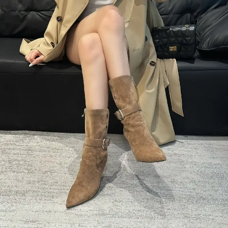 レトロ スエード スタイリッシュ ショートブーツ ブラック ライトブラウン 8CM