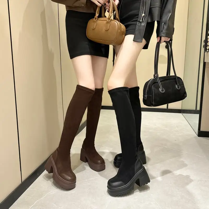 スタイルアップ効果 ストレッチブーツ 細見えロングブーツ 太ヒール 10CM