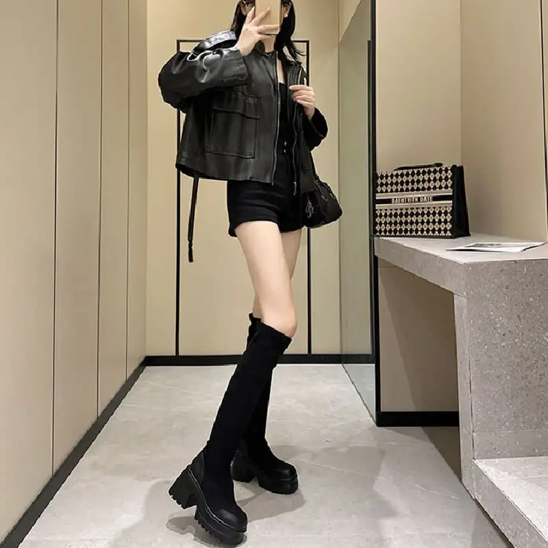 スタイルアップ効果 ストレッチブーツ 細見えロングブーツ 太ヒール 10CM