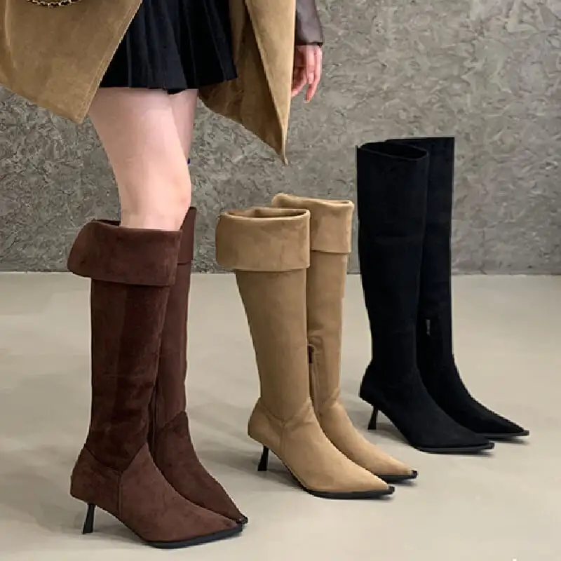 3colors スエード調 ポインテッドトゥ ピンヒール ロングブーツ 6CM
