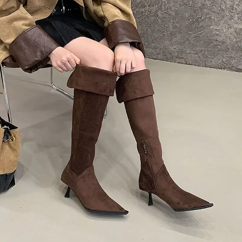 3colors スエード調 ポインテッドトゥ ピンヒール ロングブーツ 6CM