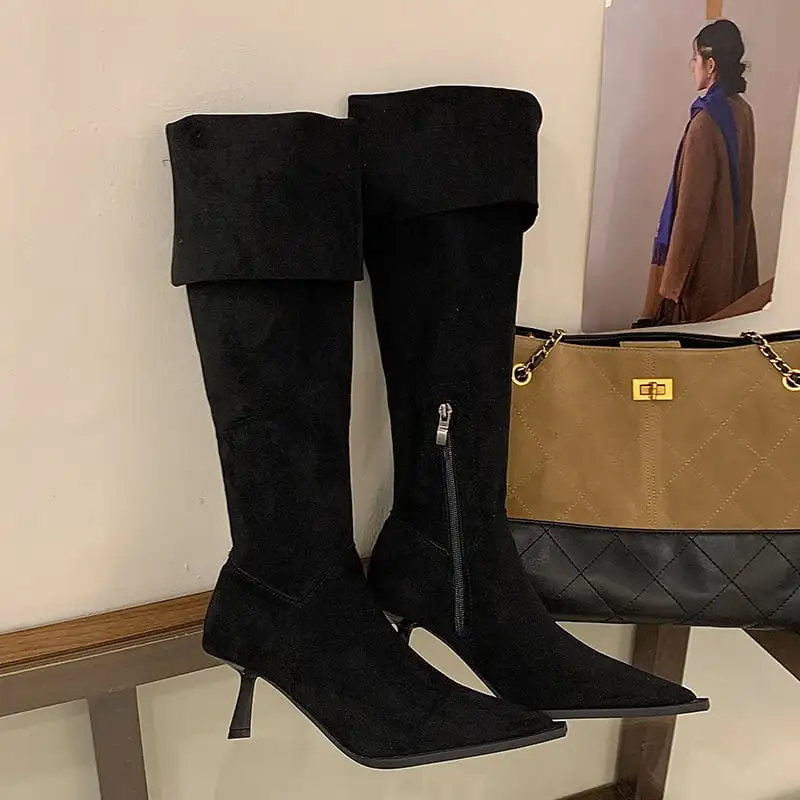 3colors スエード調 ポインテッドトゥ ピンヒール ロングブーツ 6CM