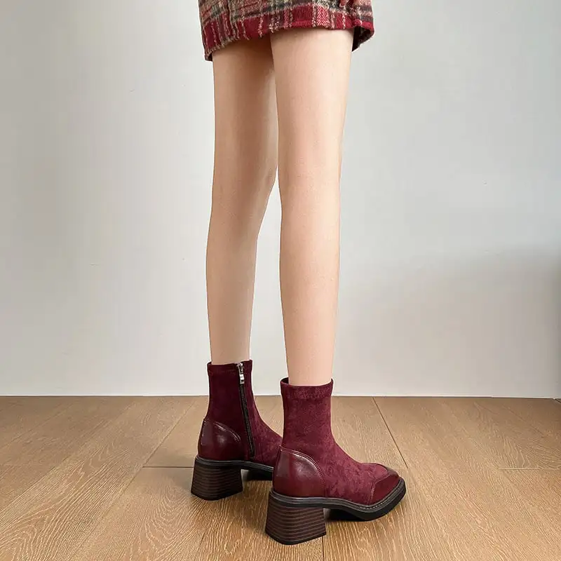 シューズ ブーツ パッチワーク ブロックヒール ワインレッド