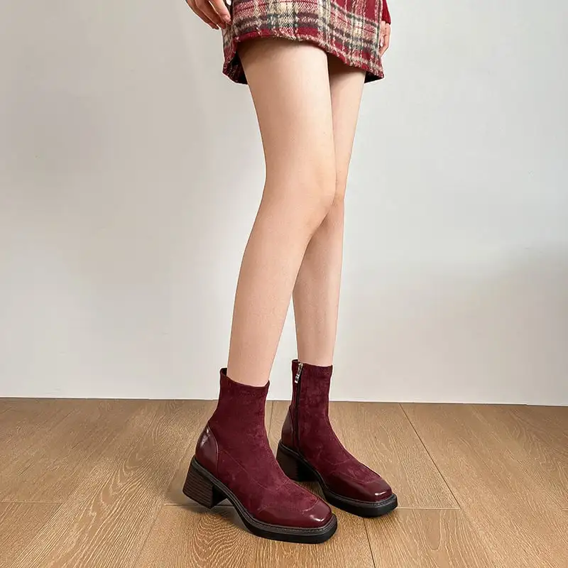 シューズ ブーツ パッチワーク ブロックヒール ワインレッド