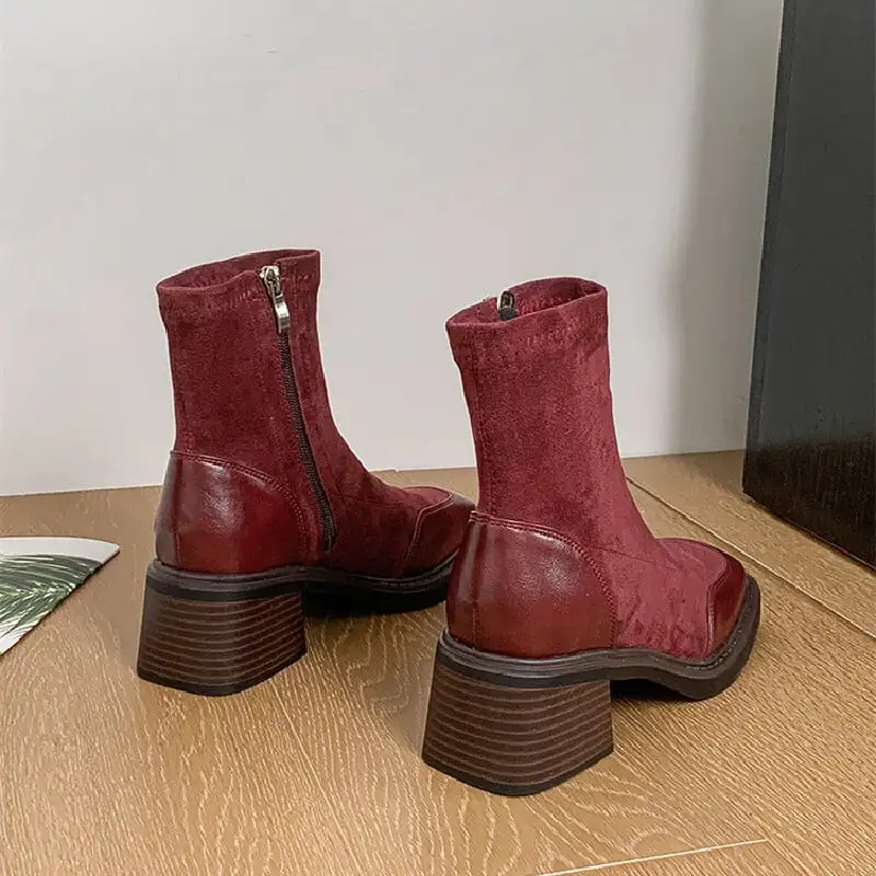 シューズ ブーツ パッチワーク ブロックヒール ワインレッド