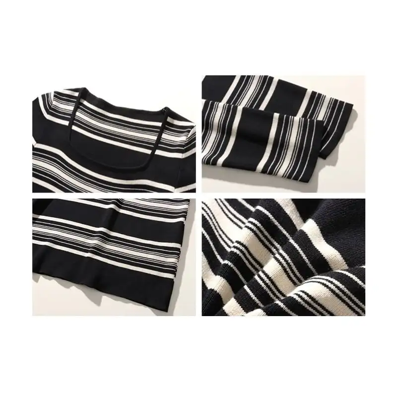 ワンピース ニット 配色 ストライプ柄 シンプル 長袖 ベージュ ブラック