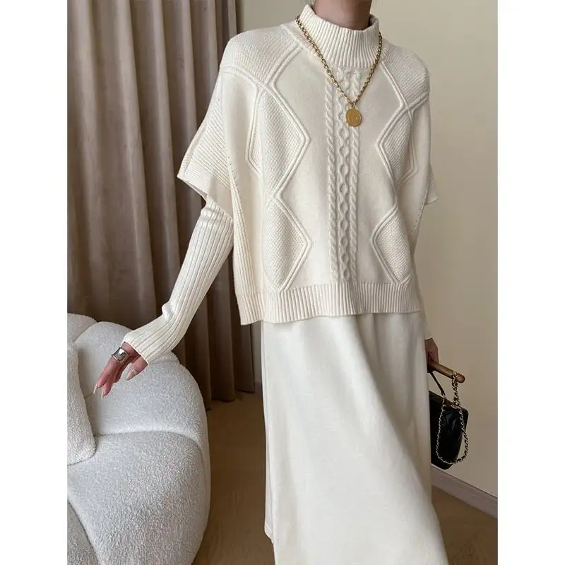 3colors 重ね着コーデ ニット アラン編み バットスリーブ 2点セット