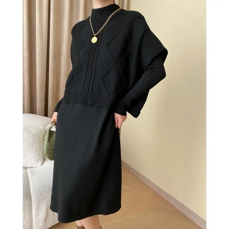 3colors 重ね着コーデ ニット アラン編み バットスリーブ 2点セット