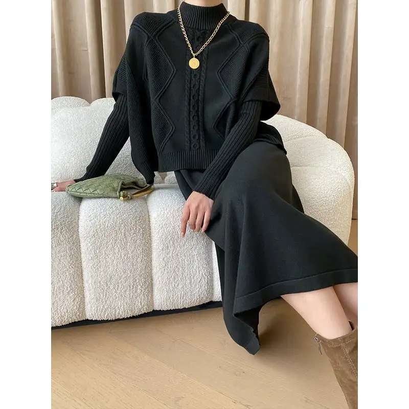 3colors 重ね着コーデ ニット アラン編み バットスリーブ 2点セット