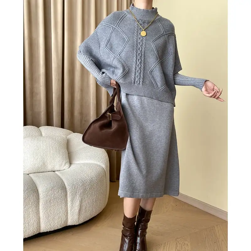 3colors 重ね着コーデ ニット アラン編み バットスリーブ 2点セット