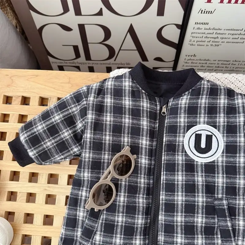 【66-100cm】リバーシブルチェック暖かいロンパース