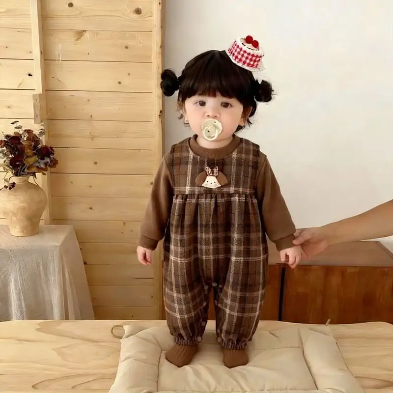 【66-100cm】ブラウン チェック オールインワン＆Ｔシャツ