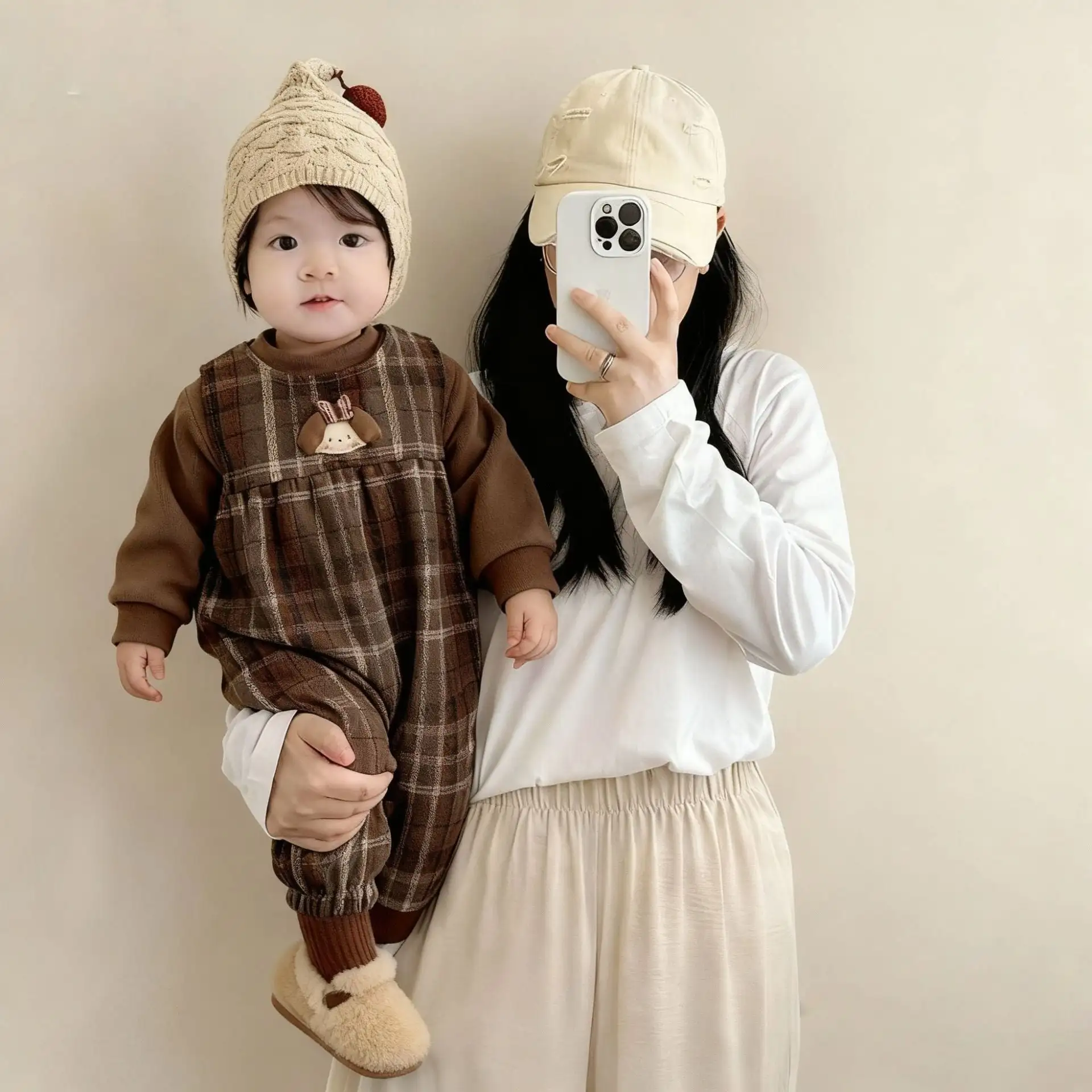 【66-100cm】ブラウン チェック オールインワン＆Ｔシャツ