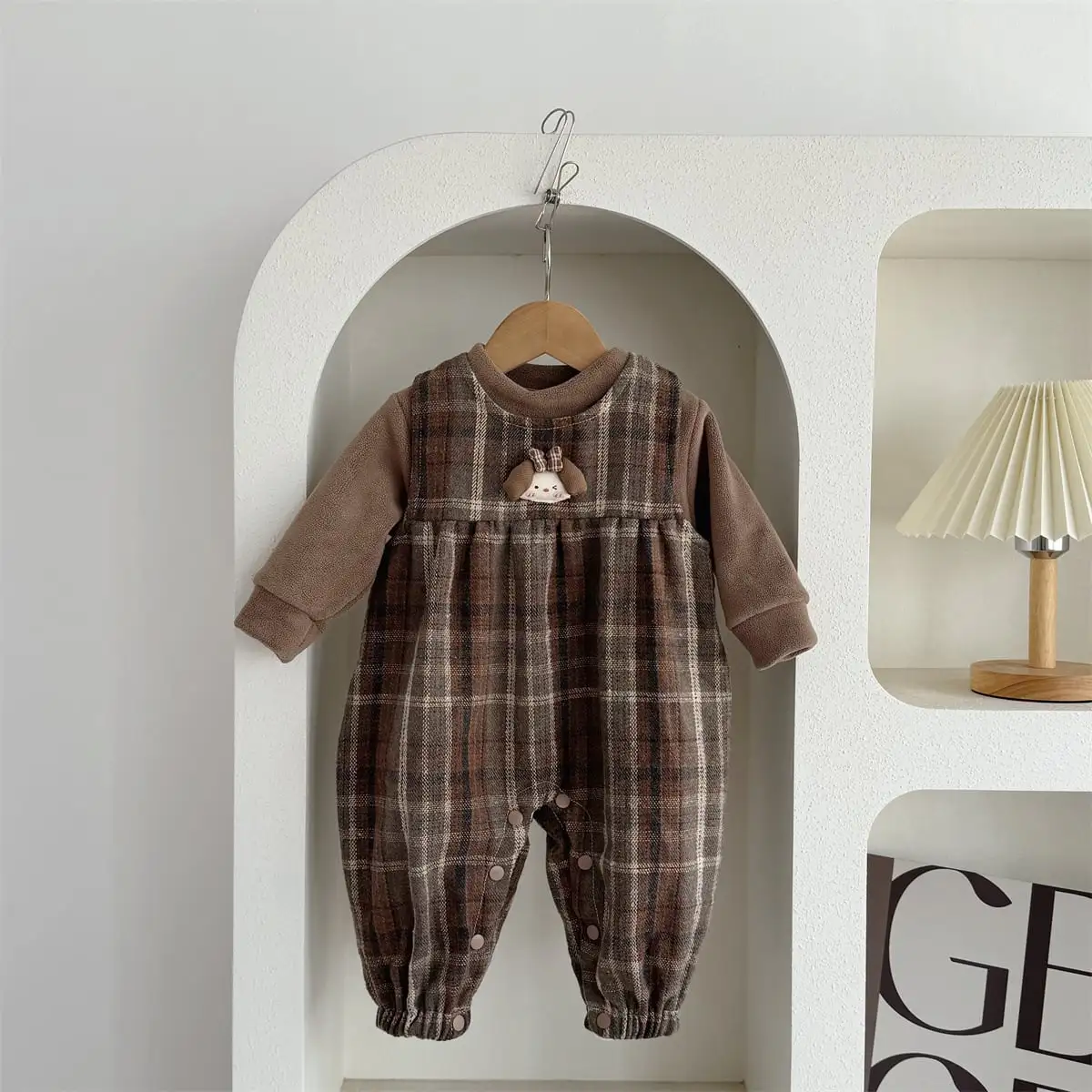【66-100cm】ブラウン チェック オールインワン＆Ｔシャツ