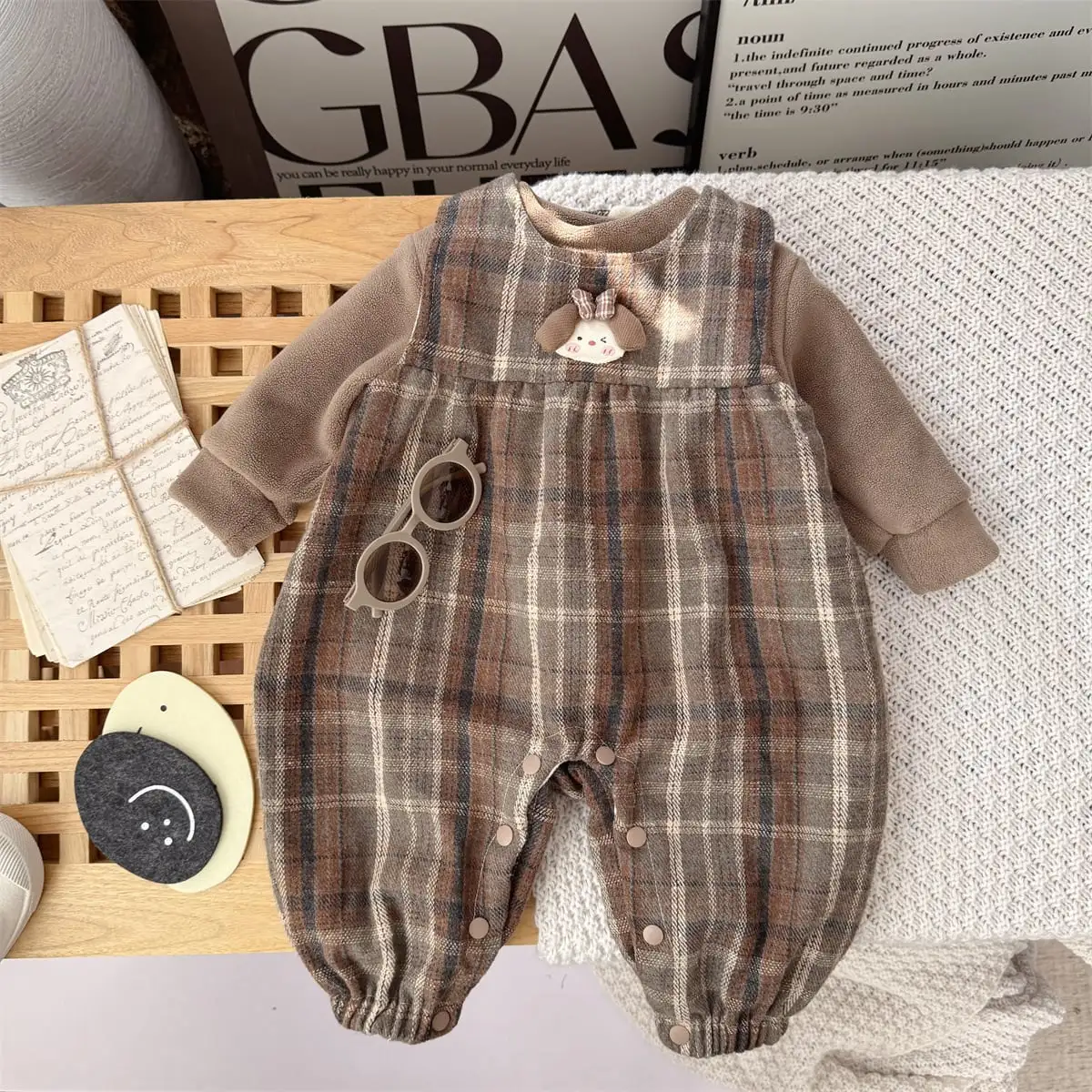 【66-100cm】ブラウン チェック オールインワン＆Ｔシャツ