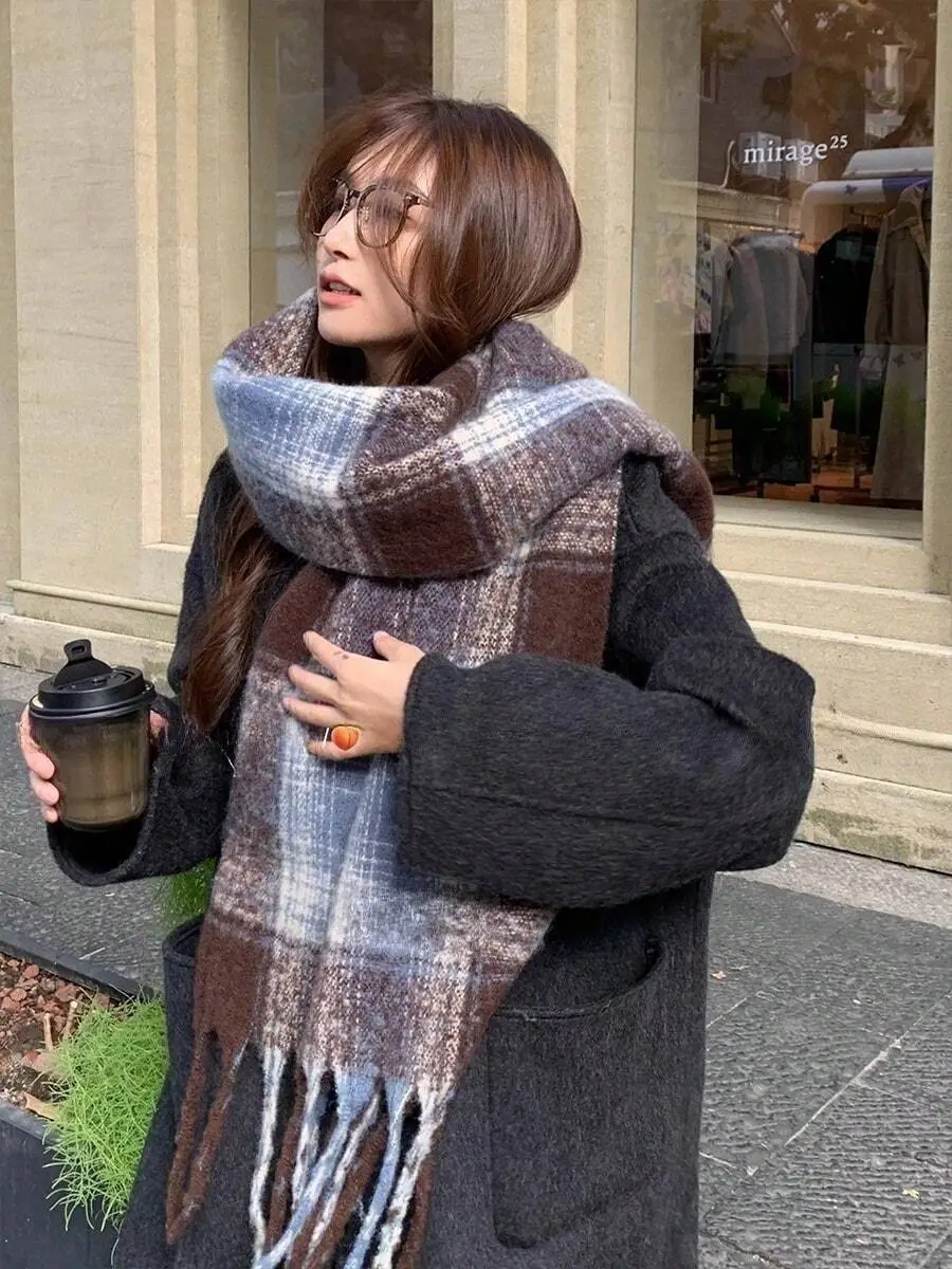 チェック柄 レディース 暖かい  フリンジ付き マフラー