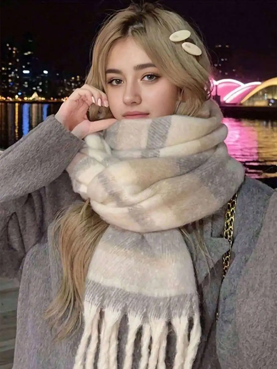 フリンジ付き ストライプ柄 快適 防風 暖かい マフラー