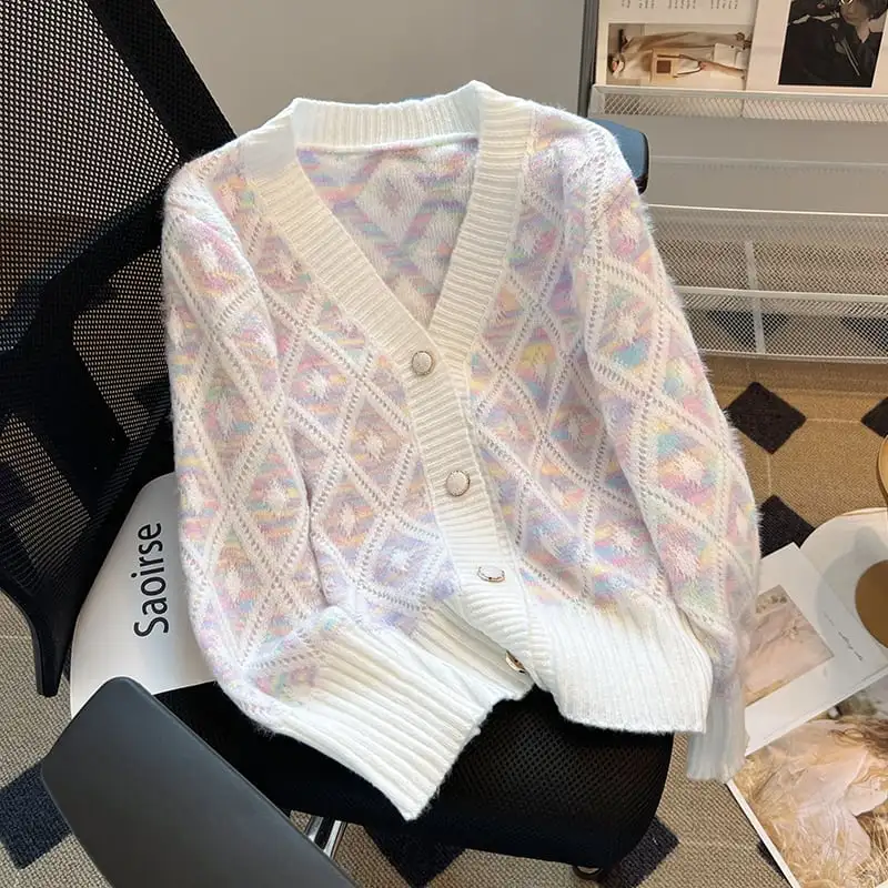 トップス セーター Vネック カーディガン ダイヤモンドパターン カラフル
