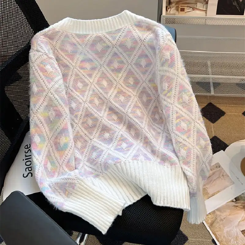 トップス セーター Vネック カーディガン ダイヤモンドパターン カラフル