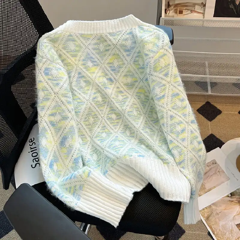 トップス セーター Vネック カーディガン ダイヤモンドパターン カラフル