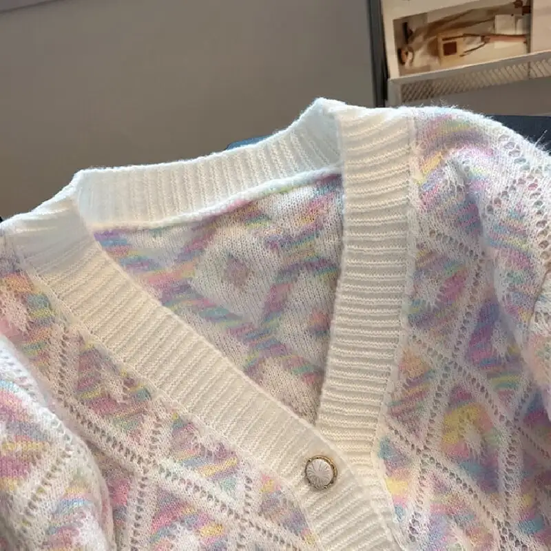 トップス セーター Vネック カーディガン ダイヤモンドパターン カラフル