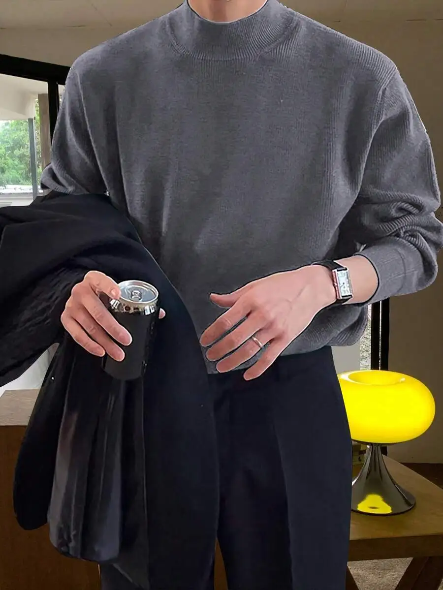 無地 スタンドカラー カジュアル 長袖 プルオーバー セーター