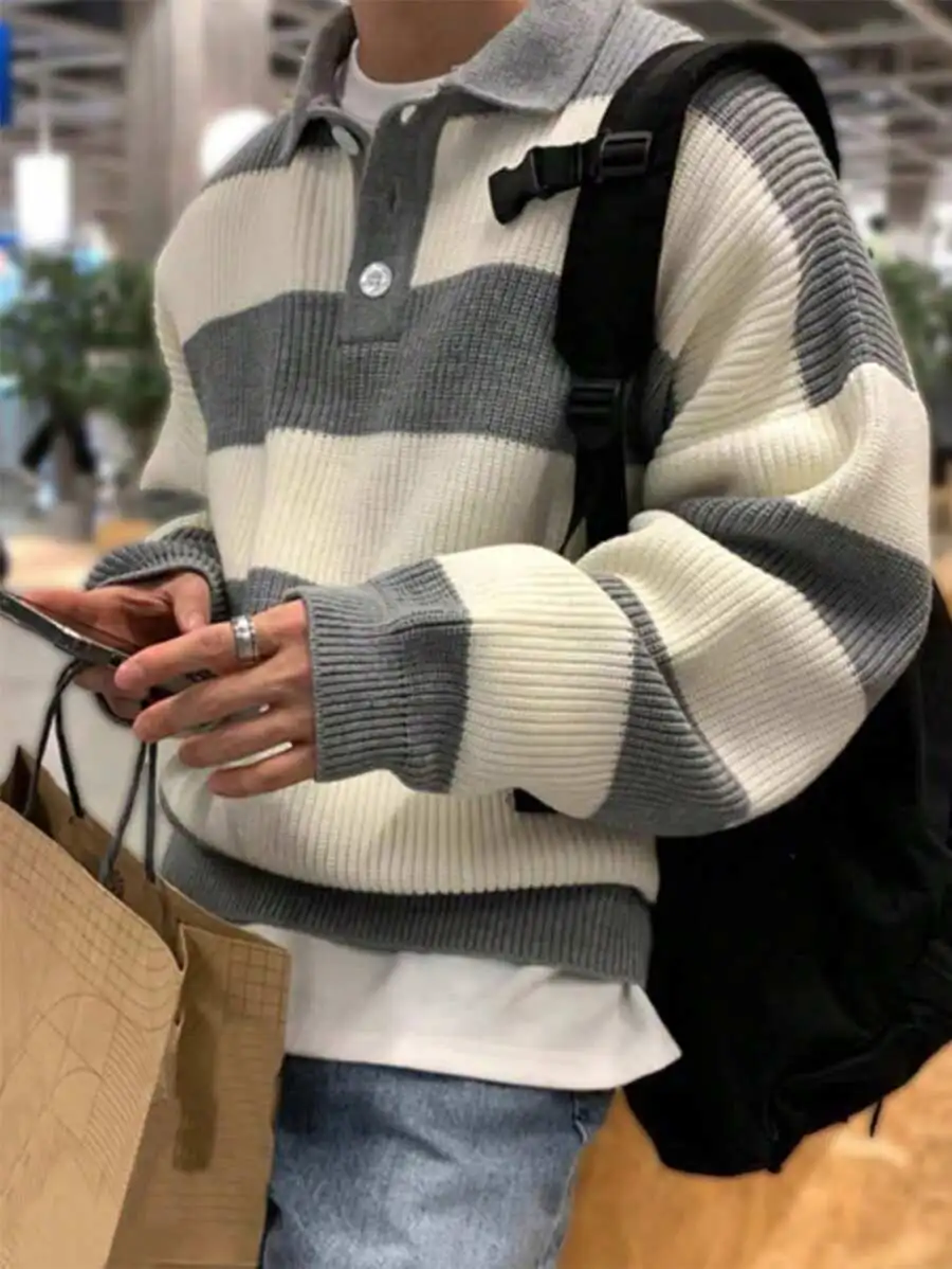 フロント ロングスリーブ ストライプ カジュアル セーター