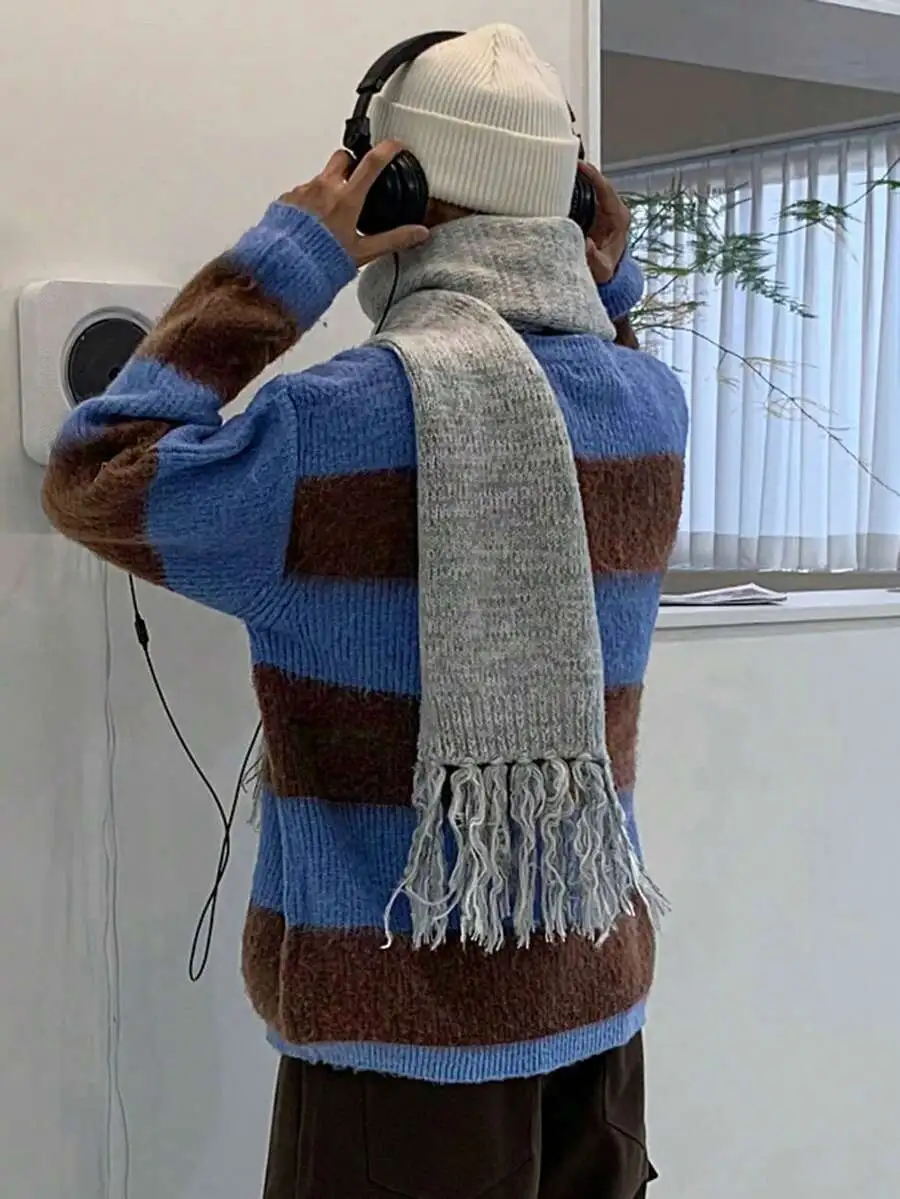 プルオーバー セーター テクスチャード ニット ブルー&ブラウン