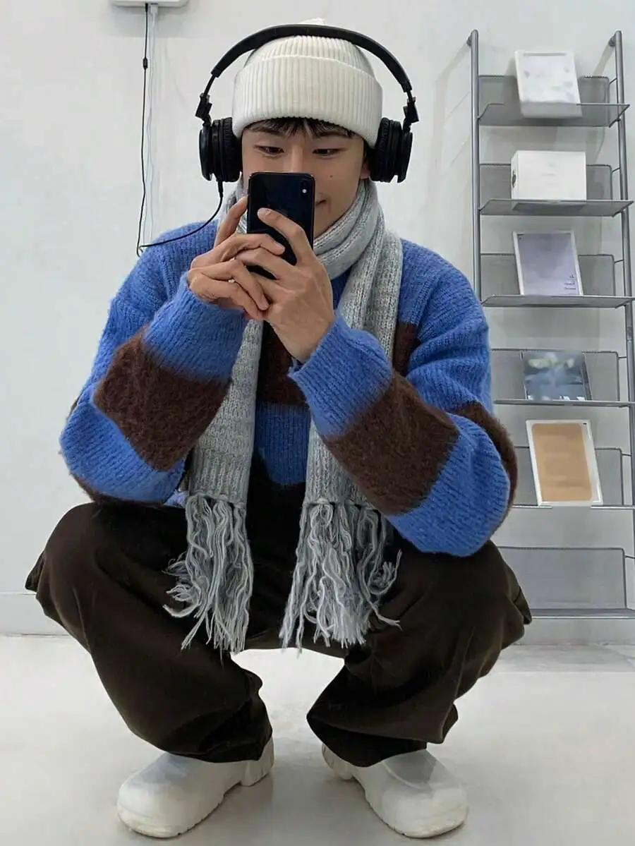 プルオーバー セーター テクスチャード ニット ブルー&ブラウン