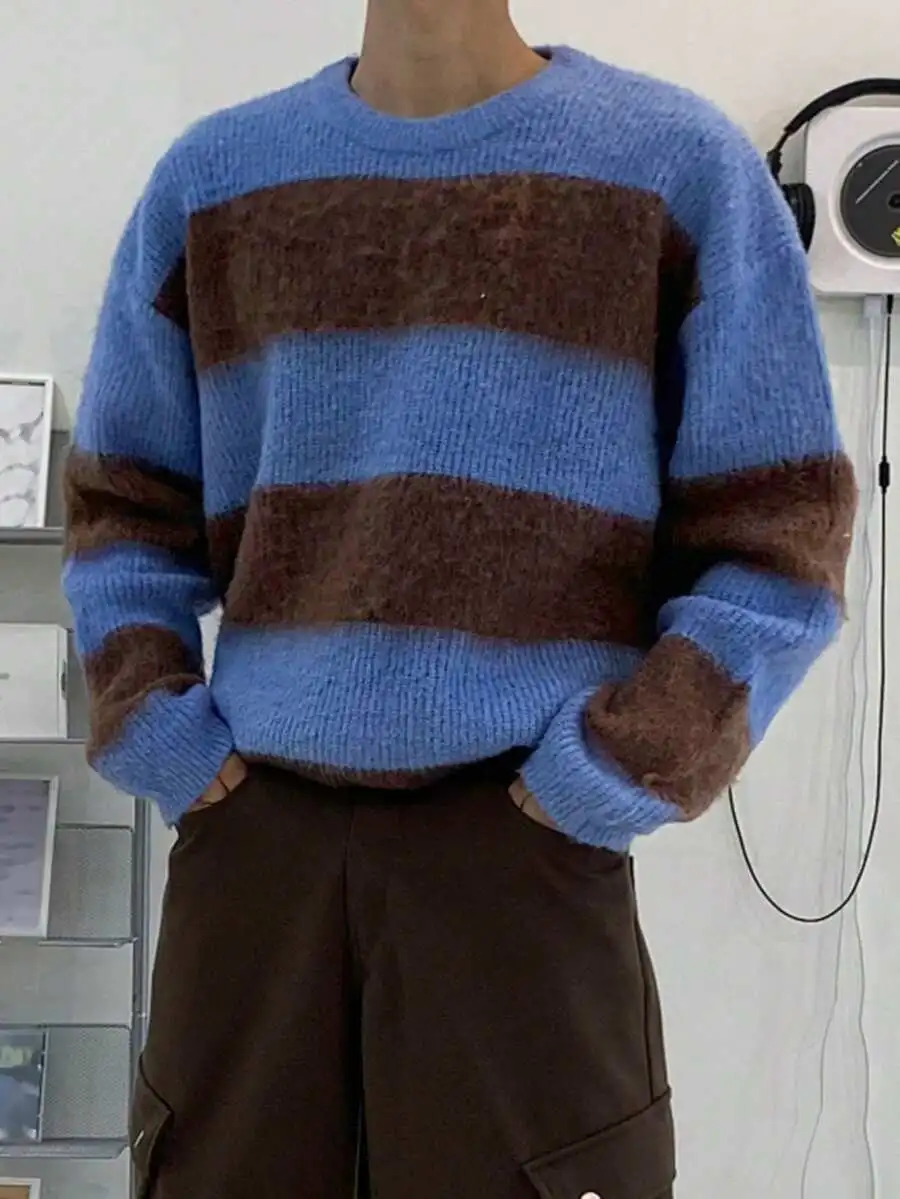 プルオーバー セーター テクスチャード ニット ブルー&ブラウン