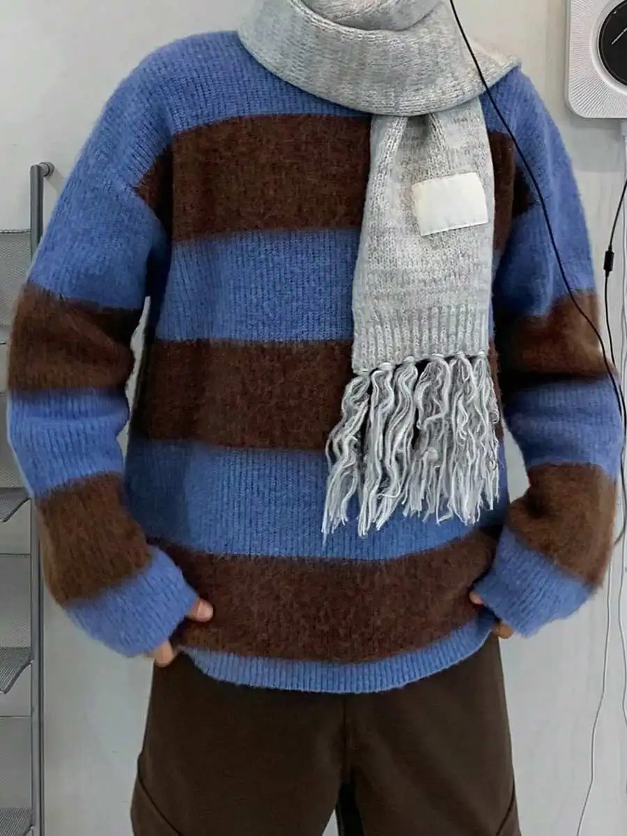 プルオーバー セーター テクスチャード ニット ブルー&ブラウン