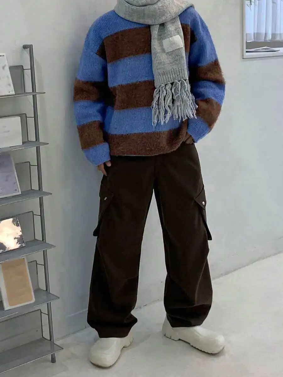 プルオーバー セーター テクスチャード ニット ブルー&ブラウン