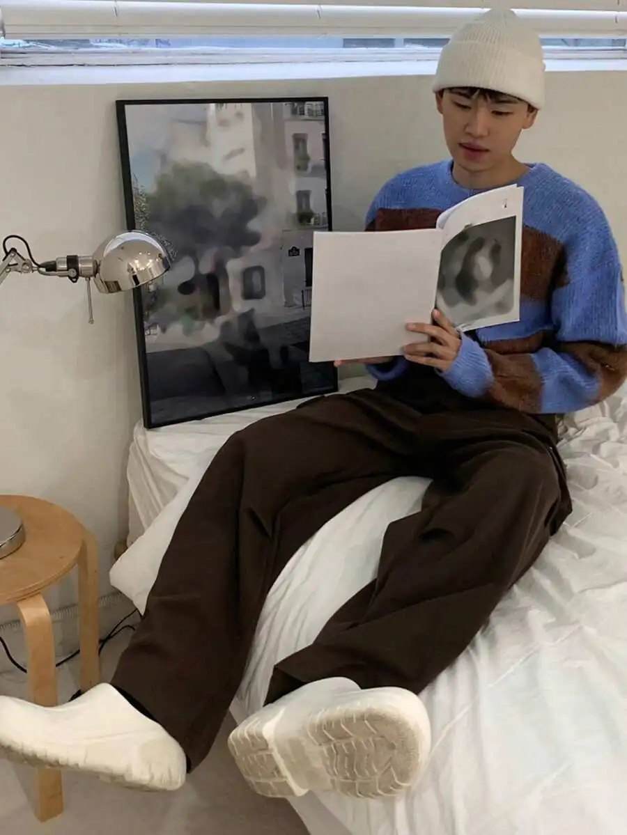 プルオーバー セーター テクスチャード ニット ブルー&ブラウン