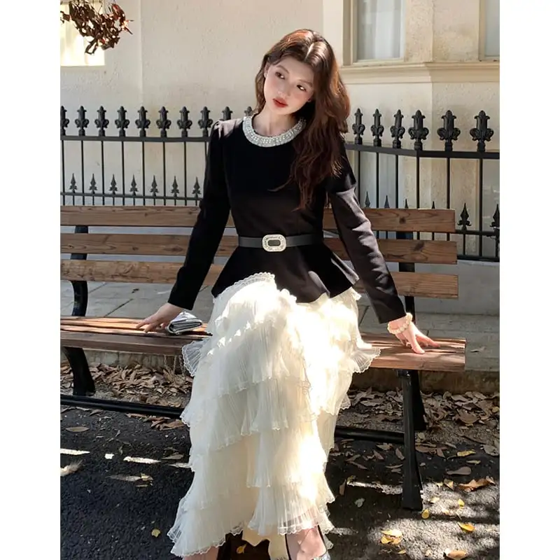 セットアップ トップス+レイヤードスカート 気質溢れる ブラック+ベージュ