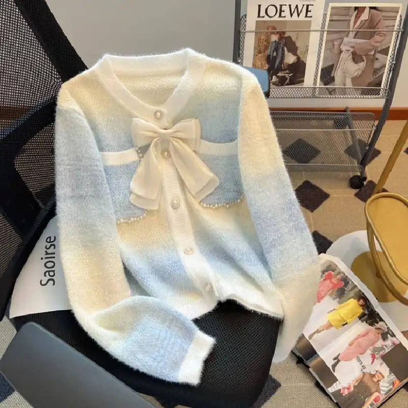 トップス セーター 配色 シンプル 蝶結び