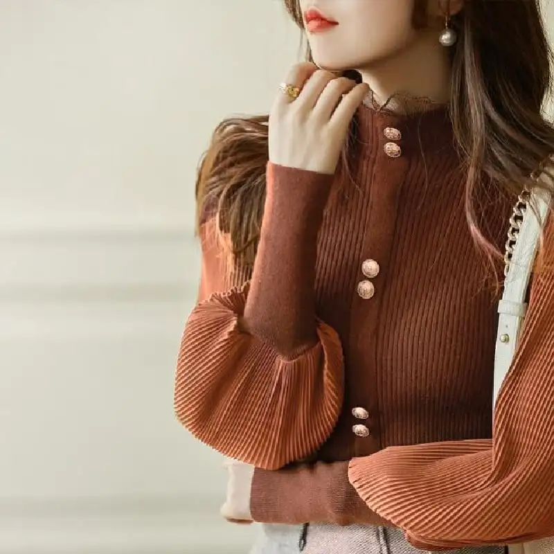 トップス カットソー 全4色展開 ニット スタンドネック 長袖 ランタンスリーブ