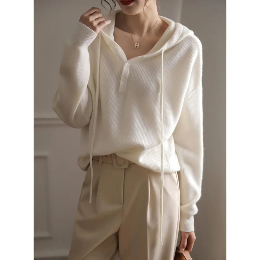 トップス カットソー ニット ボタン 長袖 カジュアル フード付き