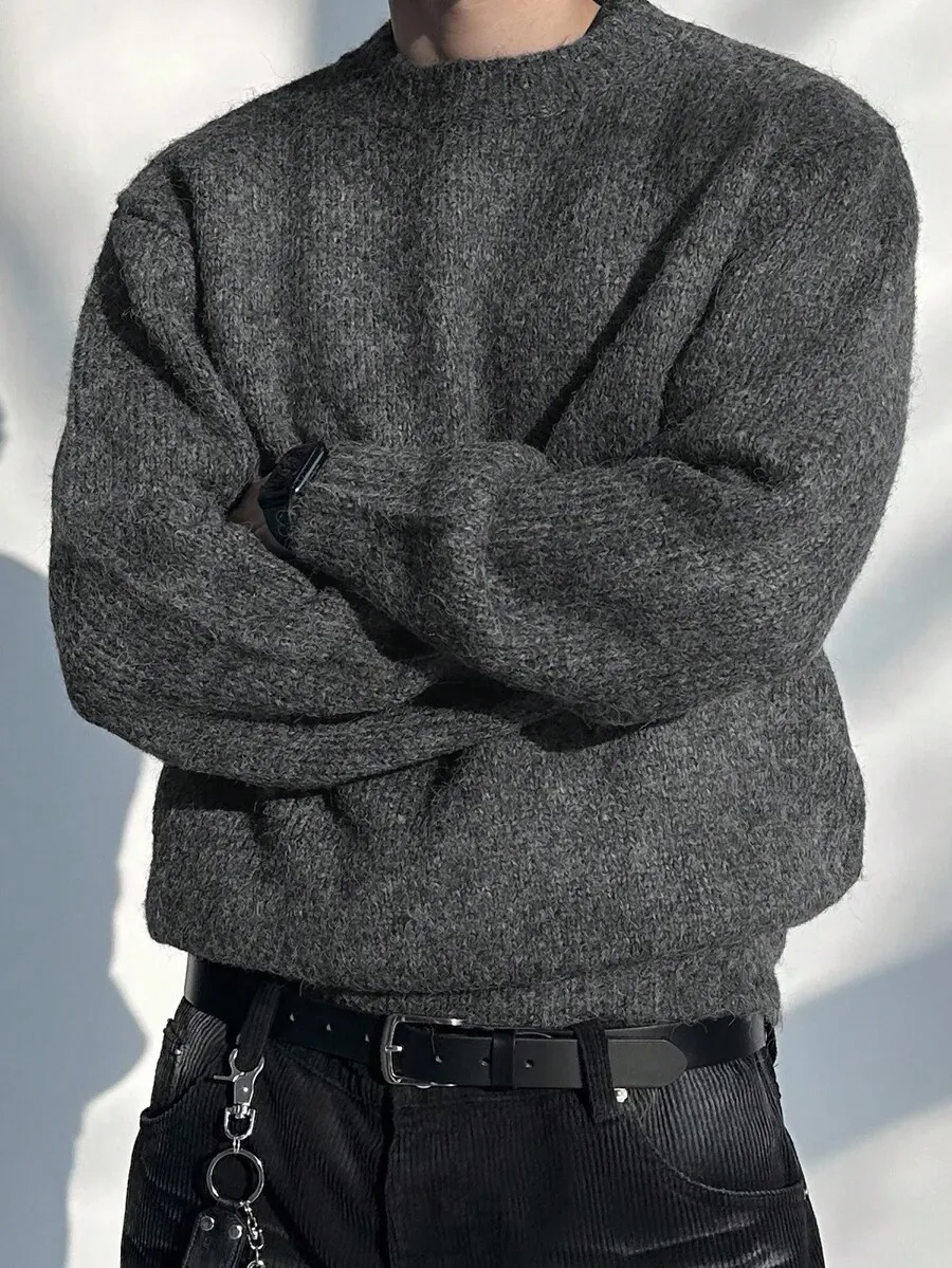 ダークグレー クルーネック 長袖セーター