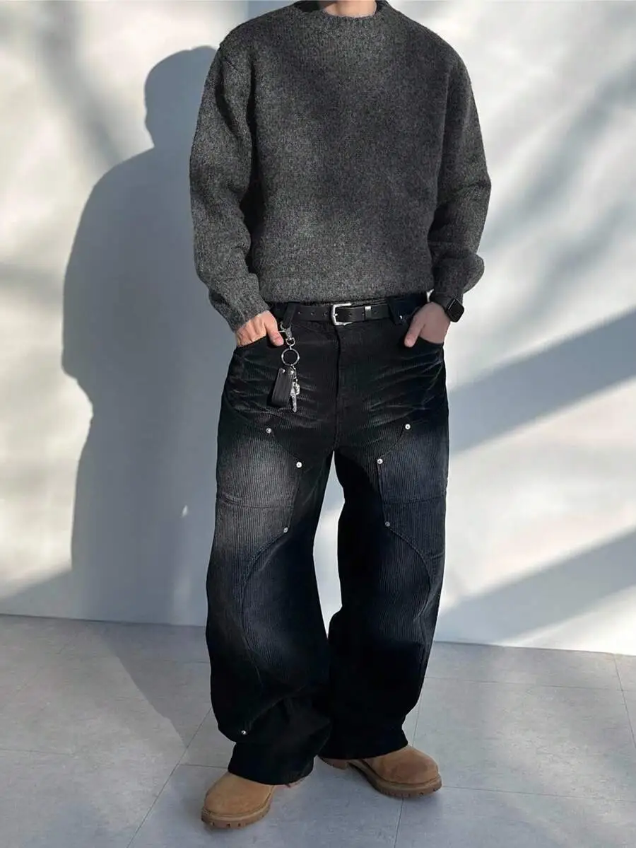 ダークグレー クルーネック 長袖セーター