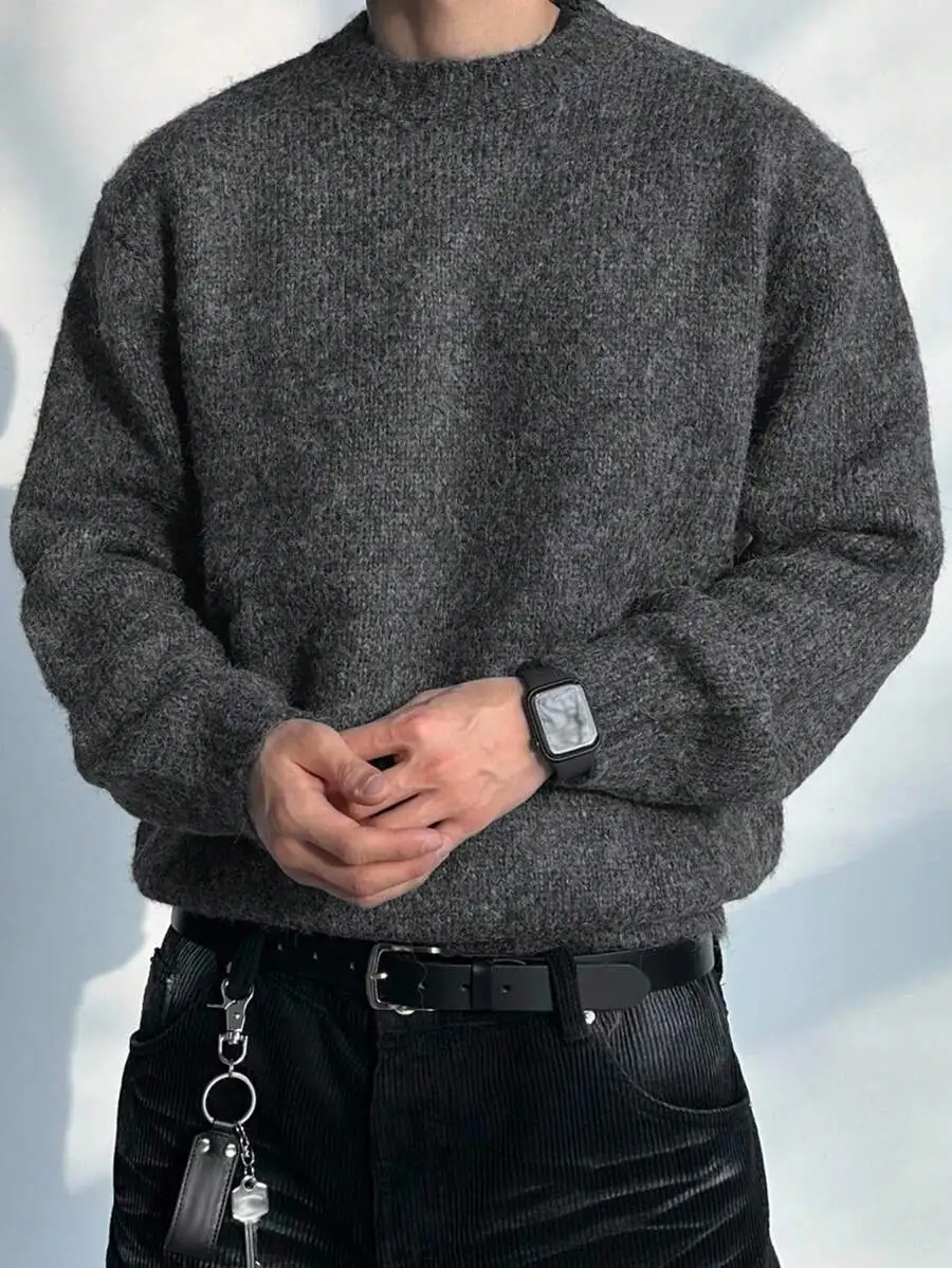 ダークグレー クルーネック 長袖セーター