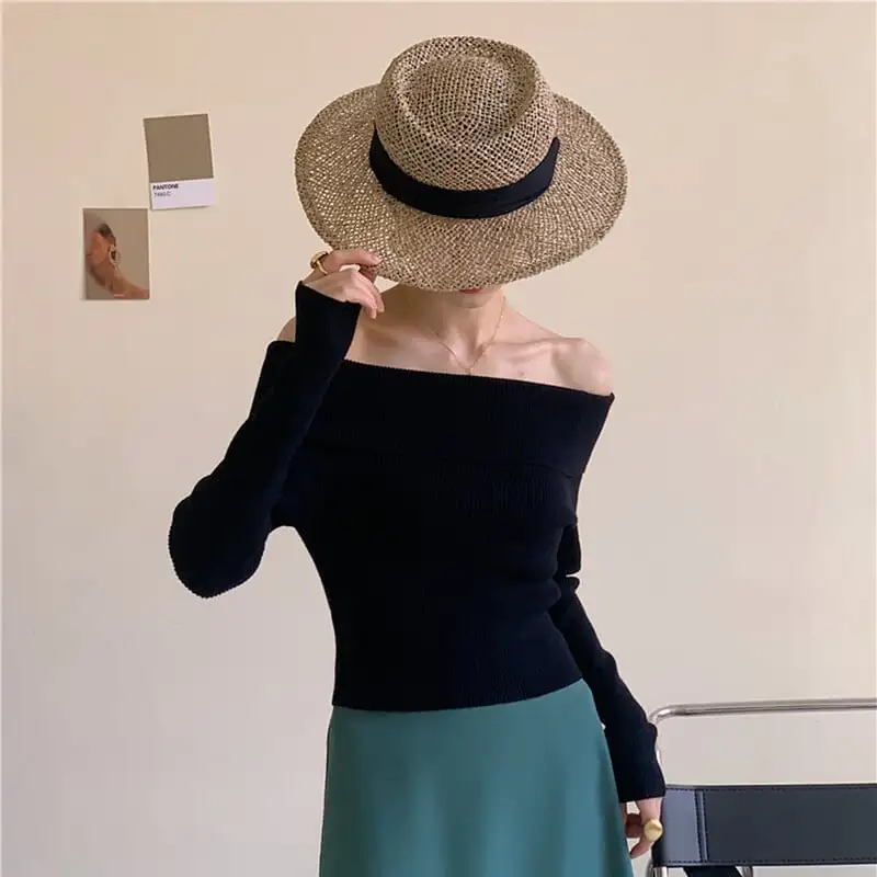 トップス カットソー · セーター 長袖 ボートネック ファッション 肩見せ