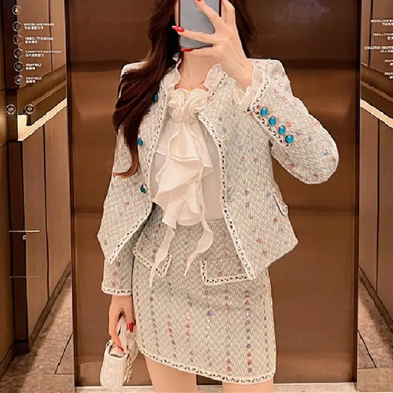 セットアップ テクスチャがいい 高品質 ツイード スパンコール 一 アウター+スカート