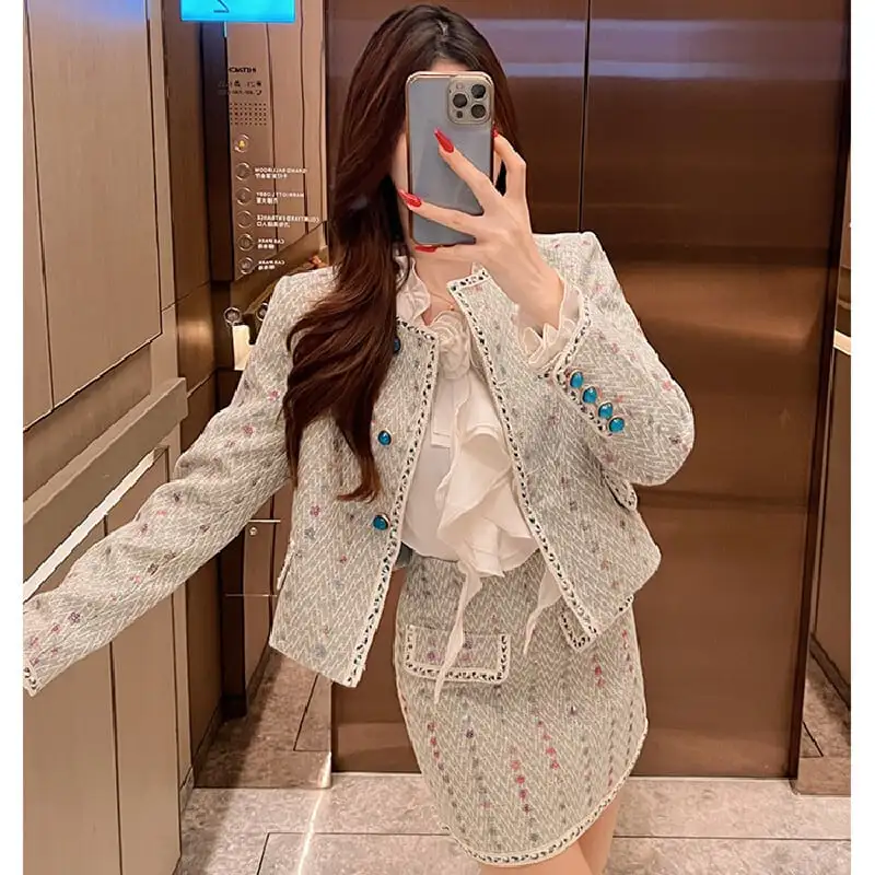 セットアップ テクスチャがいい 高品質 ツイード スパンコール 一 アウター+スカート