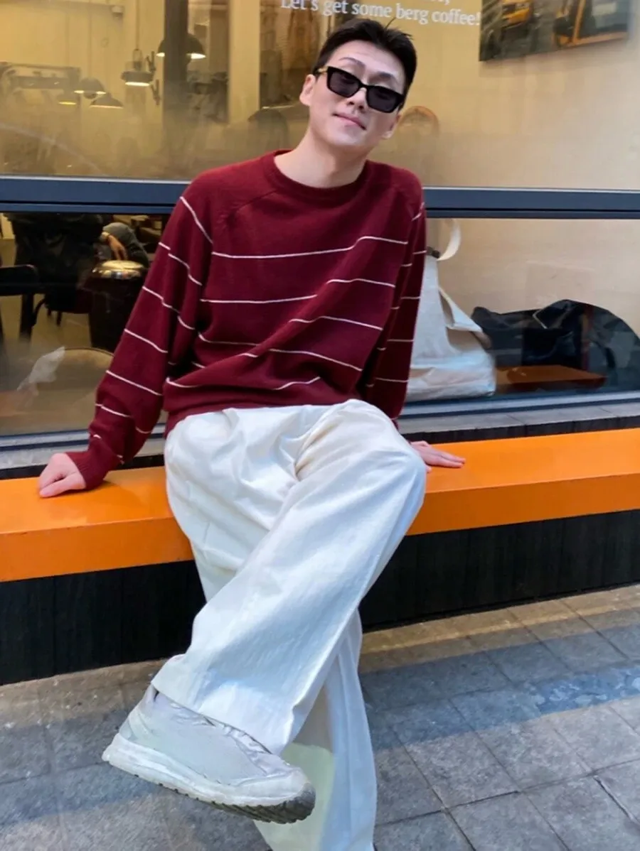 メンズ カジュアル レッドカラー ブロック ストライプ柄 セーター